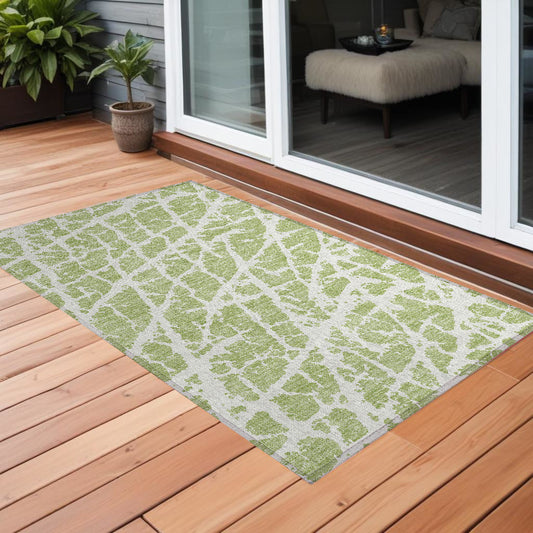 3' X 5' Green And White Abstract Washable Indoor Outdoor Area Rug