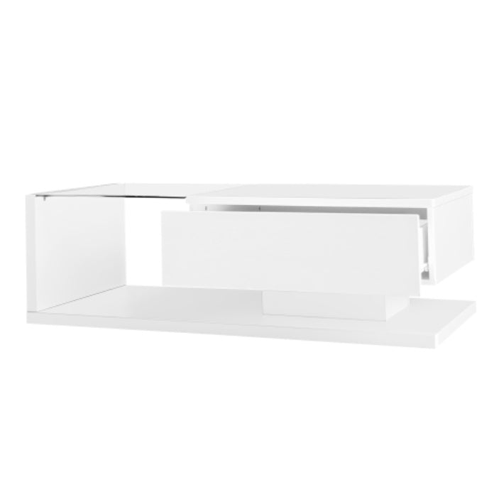 Modern High-Gloss White Coffee Table with Glass Top and LED Lighting
