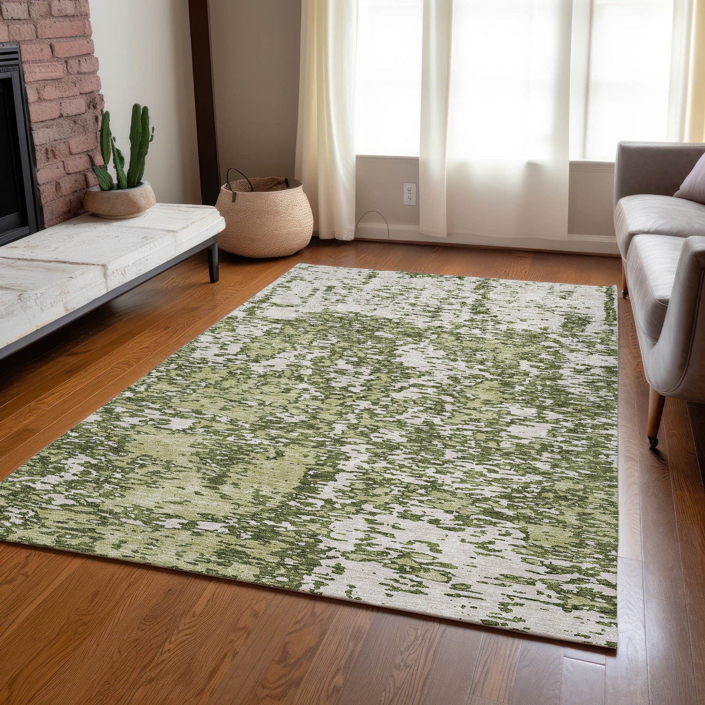 5' X 8' Olive Green And Ivory Abstract Washable Indoor Outdoor Area Rug