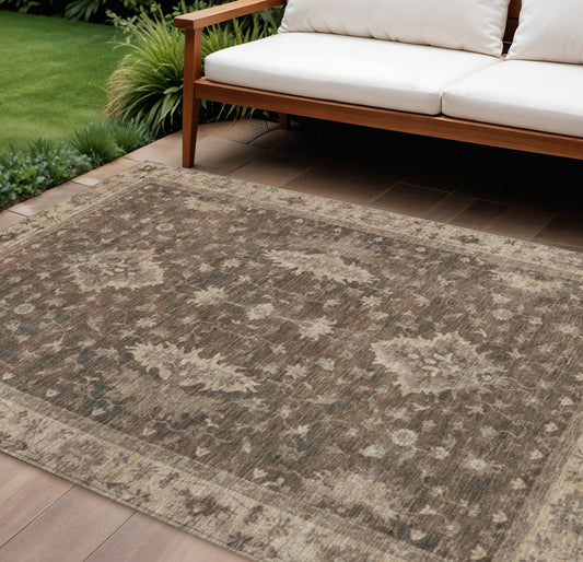 10' X 14' Brown And Beige Floral Washable Indoor Outdoor Area Rug