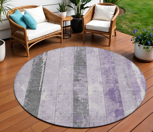 8' Lavender And Charcoal Round Striped Washable Indoor Outdoor Area Rug