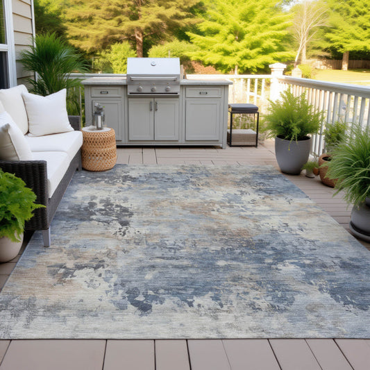 3' X 5' Denim Blue Beige And Charcoal Abstract Washable Indoor Outdoor Area Rug