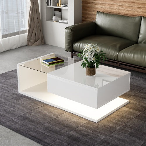 Modern High-Gloss White Coffee Table with Glass Top and LED Lighting