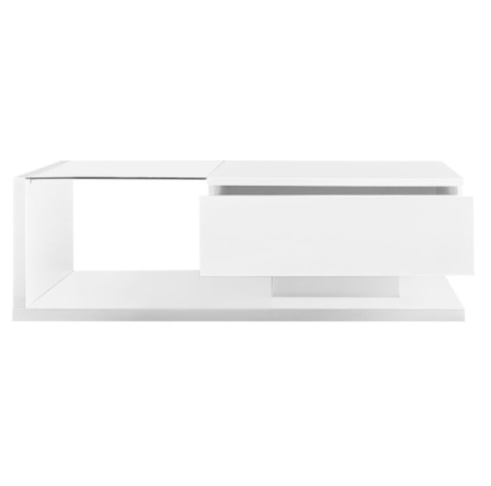 Modern High-Gloss White Coffee Table with Glass Top and LED Lighting