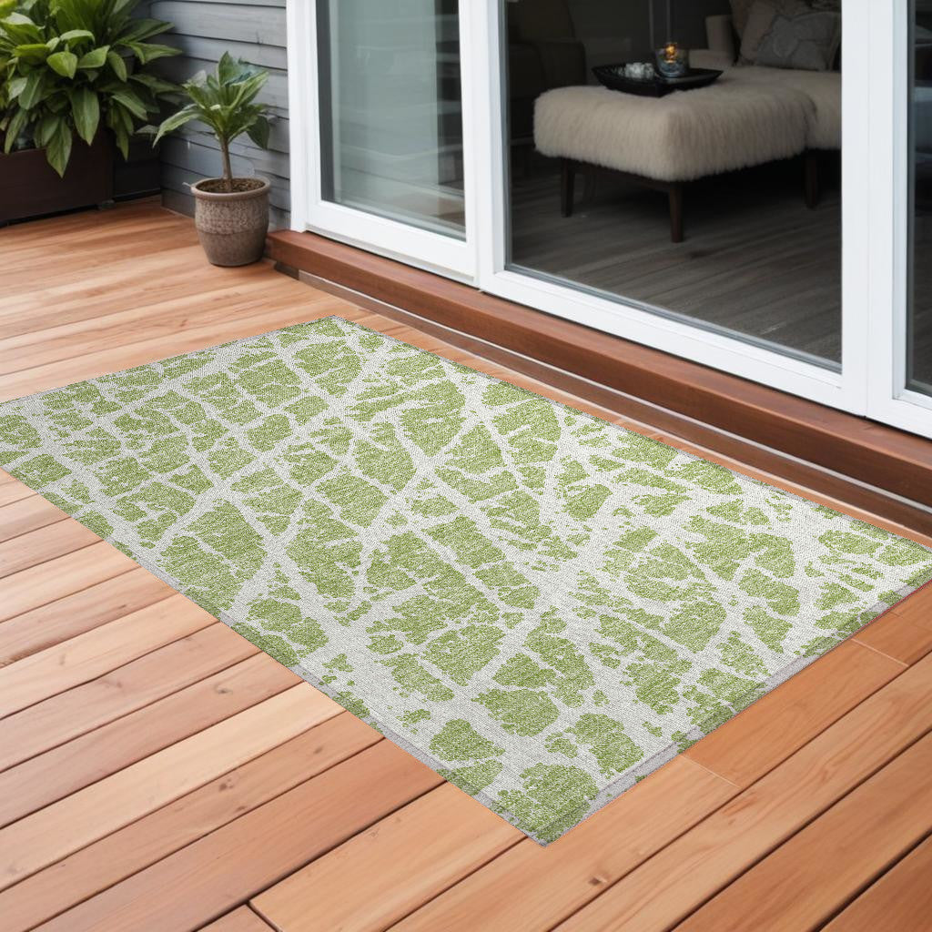 3' X 5' Green And White Abstract Washable Indoor Outdoor Area Rug