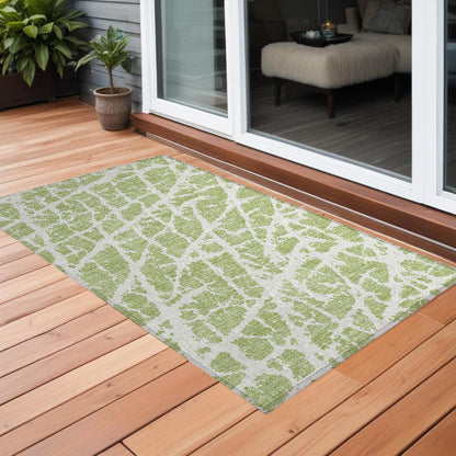 3' X 5' Green And White Abstract Washable Indoor Outdoor Area Rug