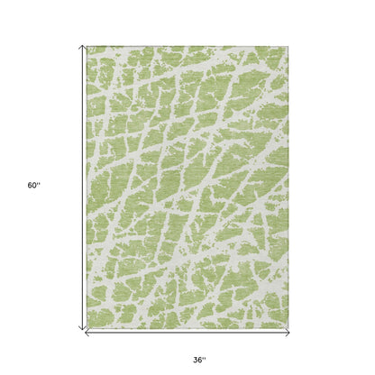 3' X 5' Green And White Abstract Washable Indoor Outdoor Area Rug
