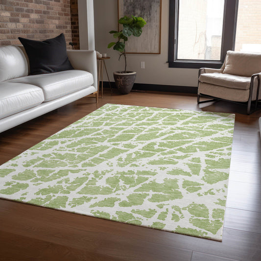 3' X 5' Green And White Abstract Washable Indoor Outdoor Area Rug