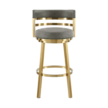 26" Gray and Gold Faux Leather and Stainless Steel Low Back Counter Height Swivel Bar Chair