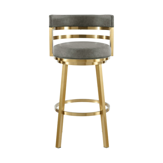 26" Gray and Gold Faux Leather and Stainless Steel Low Back Counter Height Swivel Bar Chair
