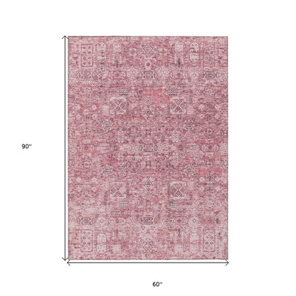 5' X 8' Pink Blush And Charcoal Floral Washable Indoor Outdoor Area Rug