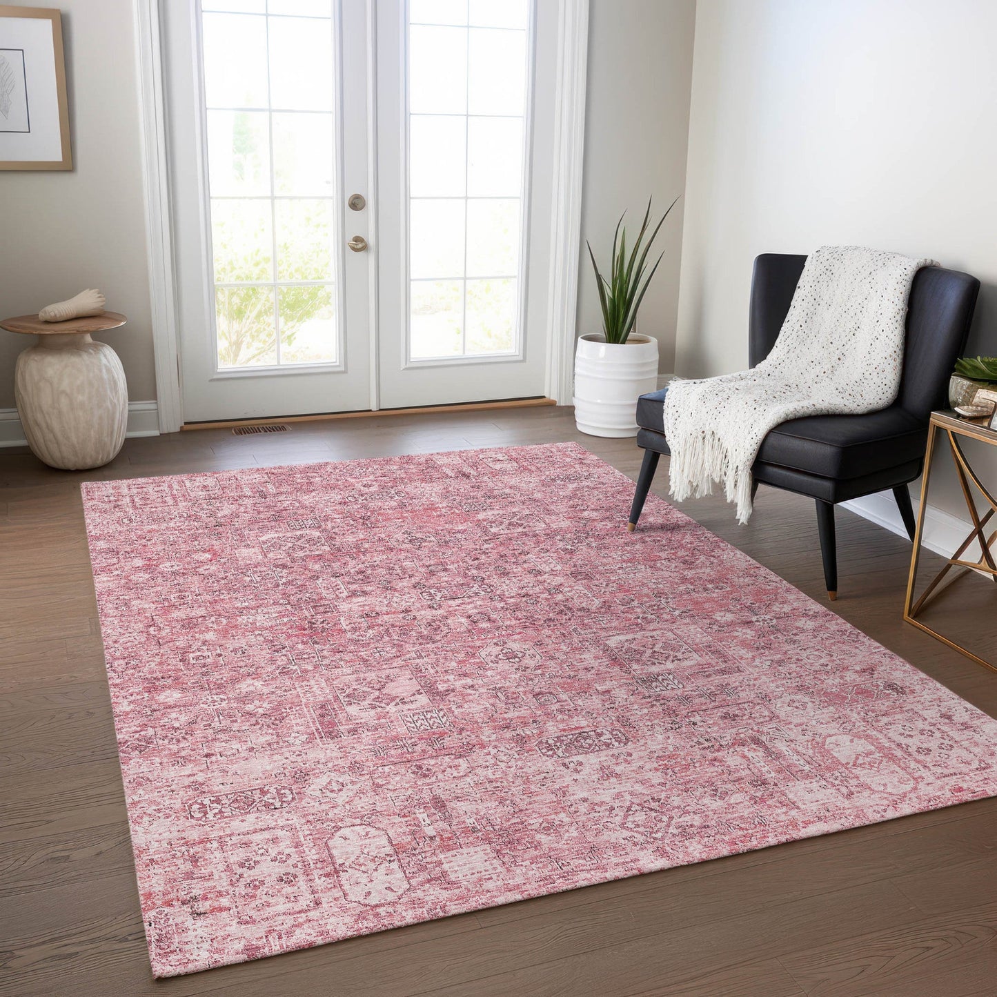 5' X 8' Pink Blush And Charcoal Floral Washable Indoor Outdoor Area Rug