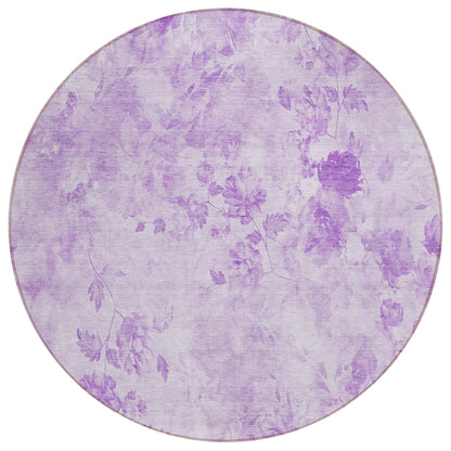 8' Lavender And Purple Round Floral Washable Indoor Outdoor Area Rug