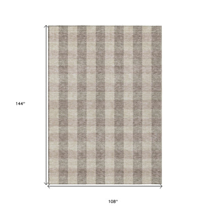 9' X 12' Beige And Brown Plaid Washable Indoor Outdoor Area Rug