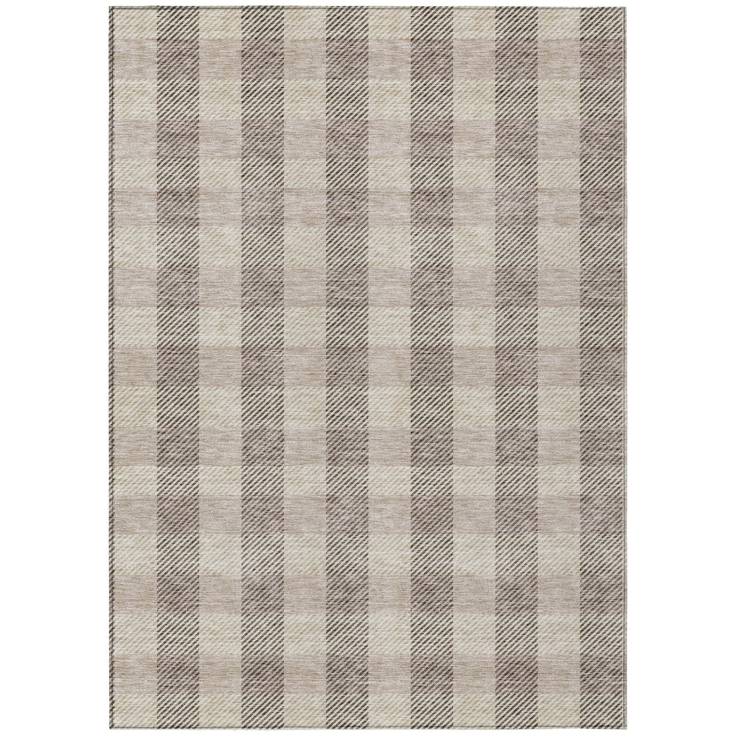 9' X 12' Beige And Brown Plaid Washable Indoor Outdoor Area Rug
