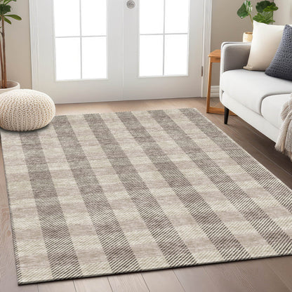 9' X 12' Beige And Brown Plaid Washable Indoor Outdoor Area Rug