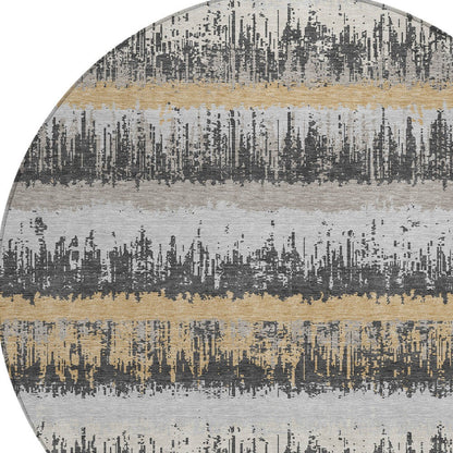 8' Gray Brown And Beige Round Striped Washable Indoor Outdoor Area Rug