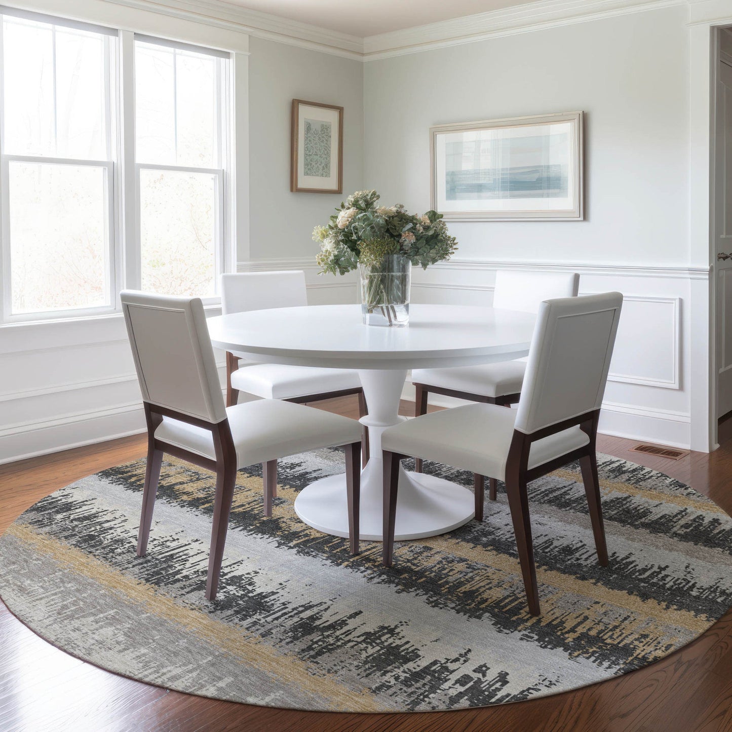 8' Gray Brown And Beige Round Striped Washable Indoor Outdoor Area Rug