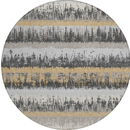 8' Gray Brown And Beige Round Striped Washable Indoor Outdoor Area Rug