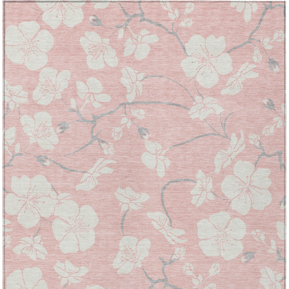 9' X 12' Pink Ivory And Gray Floral Washable Indoor Outdoor Area Rug