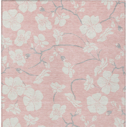 9' X 12' Pink Ivory And Gray Floral Washable Indoor Outdoor Area Rug