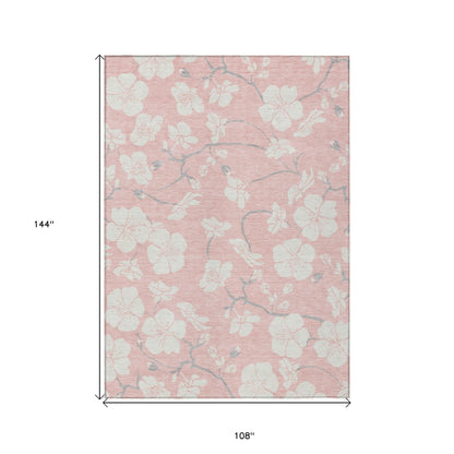 9' X 12' Pink Ivory And Gray Floral Washable Indoor Outdoor Area Rug