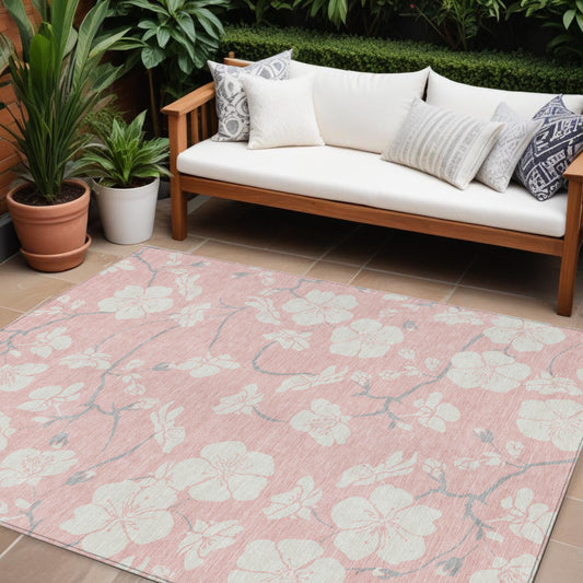 9' X 12' Pink Ivory And Gray Floral Washable Indoor Outdoor Area Rug