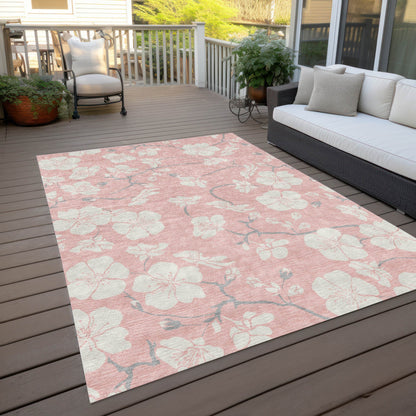 9' X 12' Pink Ivory And Gray Floral Washable Indoor Outdoor Area Rug