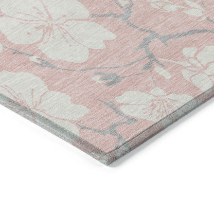 9' X 12' Pink Ivory And Gray Floral Washable Indoor Outdoor Area Rug