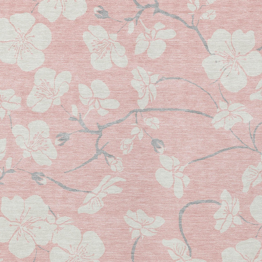 9' X 12' Pink Ivory And Gray Floral Washable Indoor Outdoor Area Rug