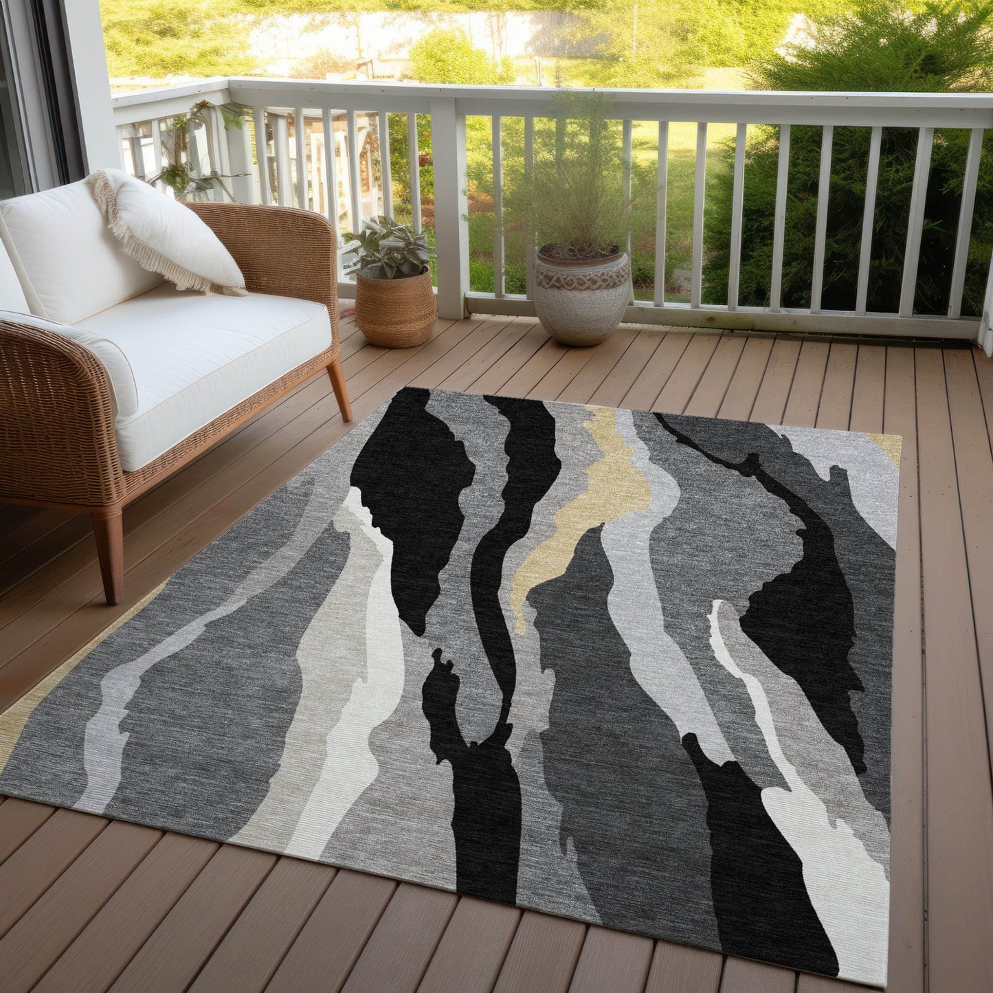 5' X 8' Black Gray And Tan Abstract Washable Indoor Outdoor Area Rug