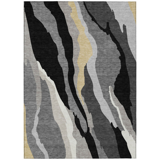 5' X 8' Black Gray And Tan Abstract Washable Indoor Outdoor Area Rug