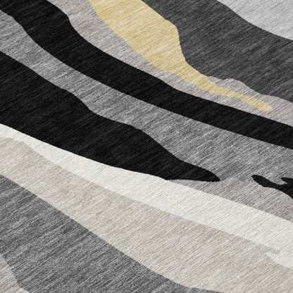 5' X 8' Black Gray And Tan Abstract Washable Indoor Outdoor Area Rug