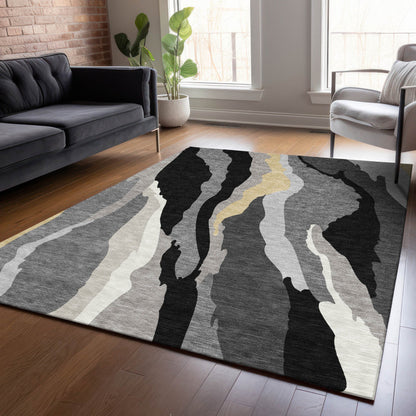 5' X 8' Black Gray And Tan Abstract Washable Indoor Outdoor Area Rug