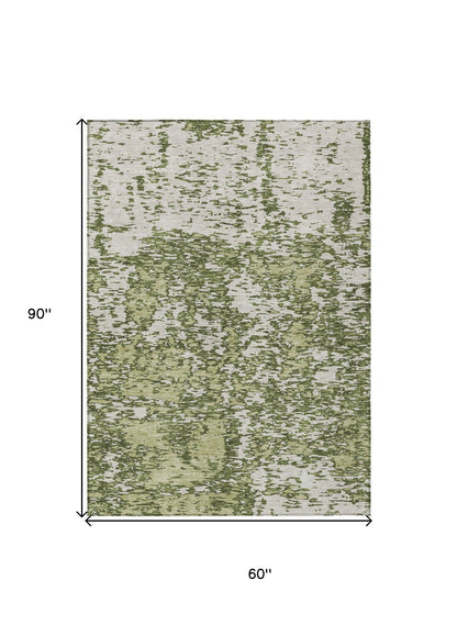5' X 8' Olive Green And Ivory Abstract Washable Indoor Outdoor Area Rug