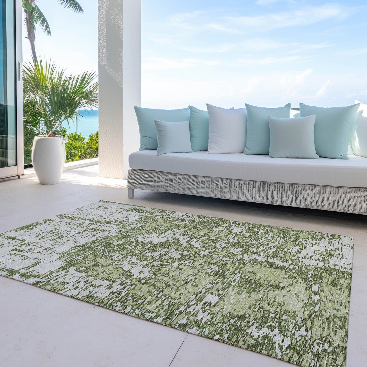 5' X 8' Olive Green And Ivory Abstract Washable Indoor Outdoor Area Rug
