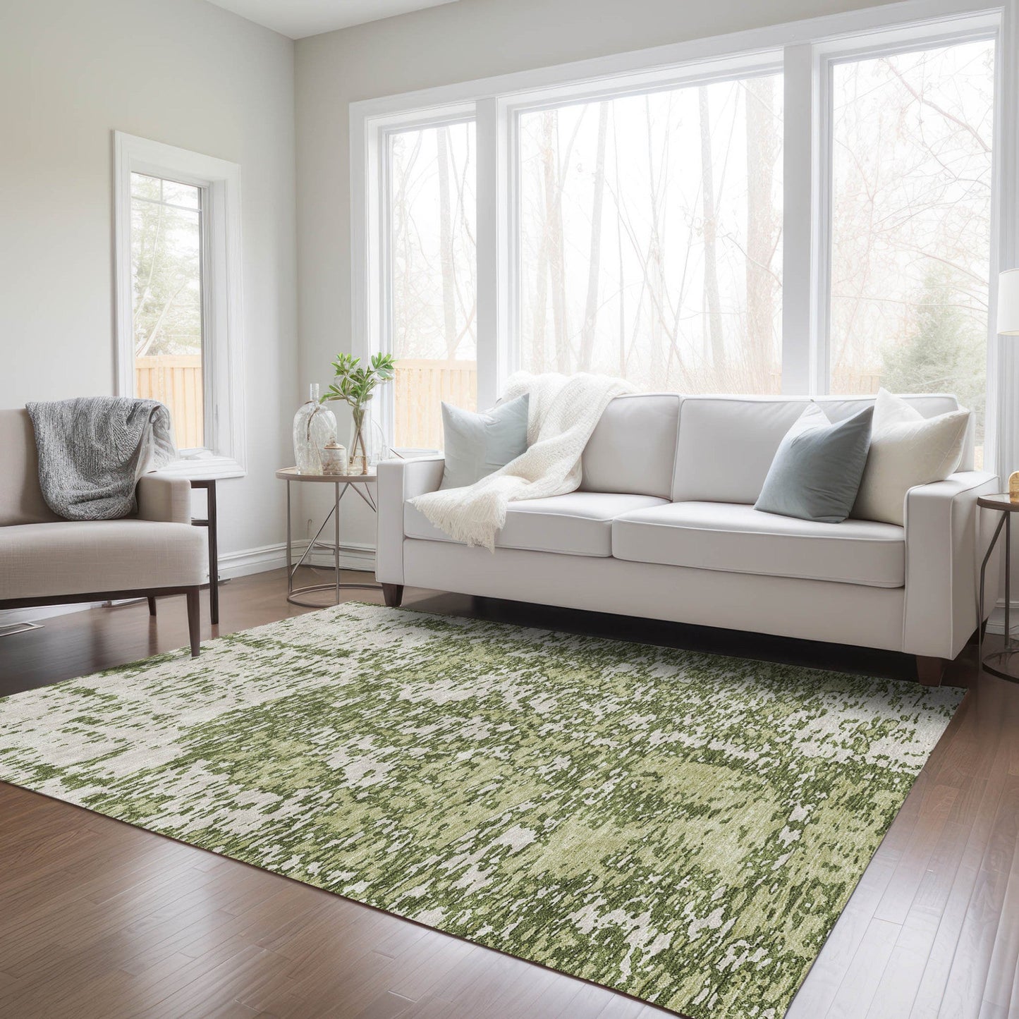 5' X 8' Olive Green And Ivory Abstract Washable Indoor Outdoor Area Rug