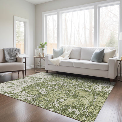 5' X 8' Olive Green And Ivory Abstract Washable Indoor Outdoor Area Rug