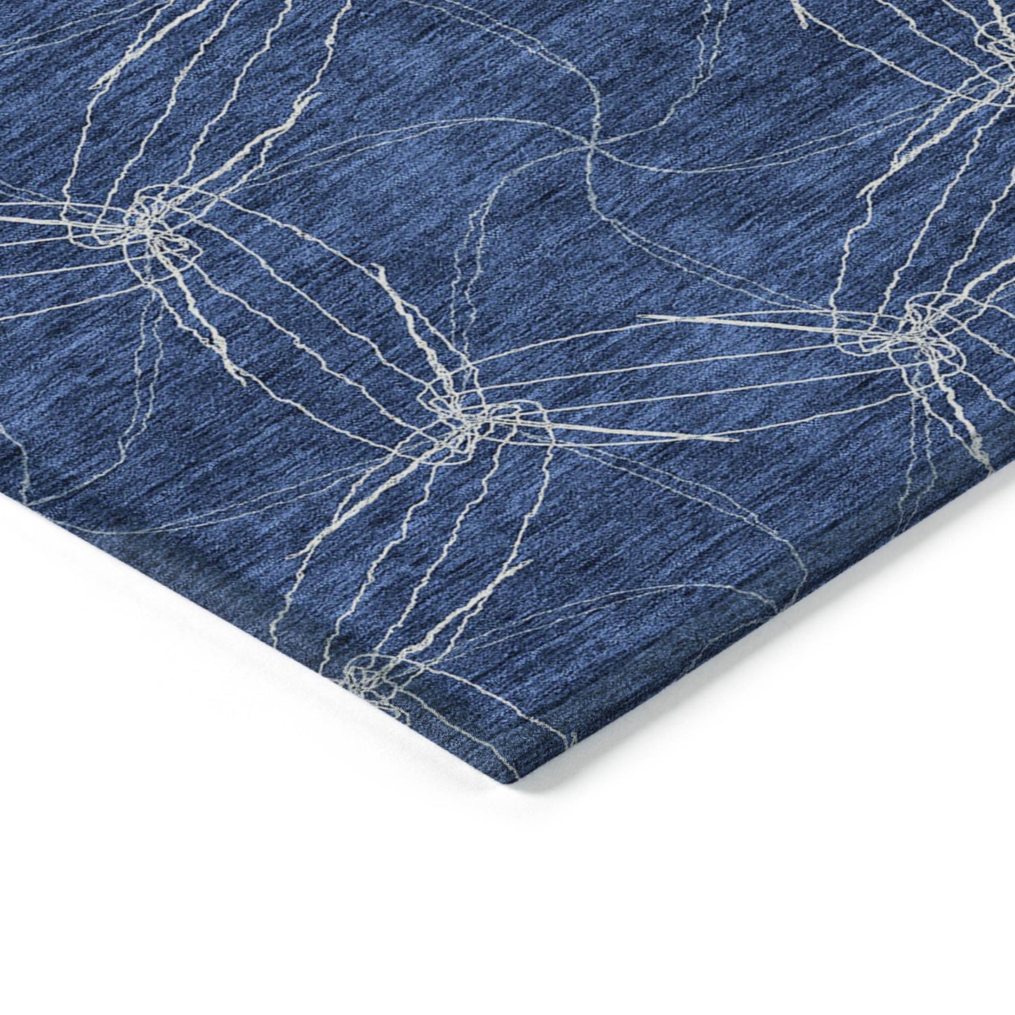 8' Navy Blue And Ivory Round Geometric Washable Indoor Outdoor Area Rug