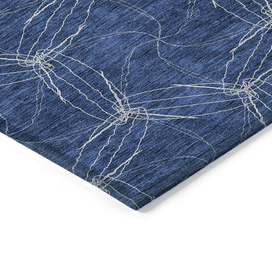 8' Navy Blue And Ivory Round Geometric Washable Indoor Outdoor Area Rug