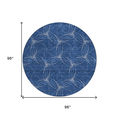 8' Navy Blue And Ivory Round Geometric Washable Indoor Outdoor Area Rug