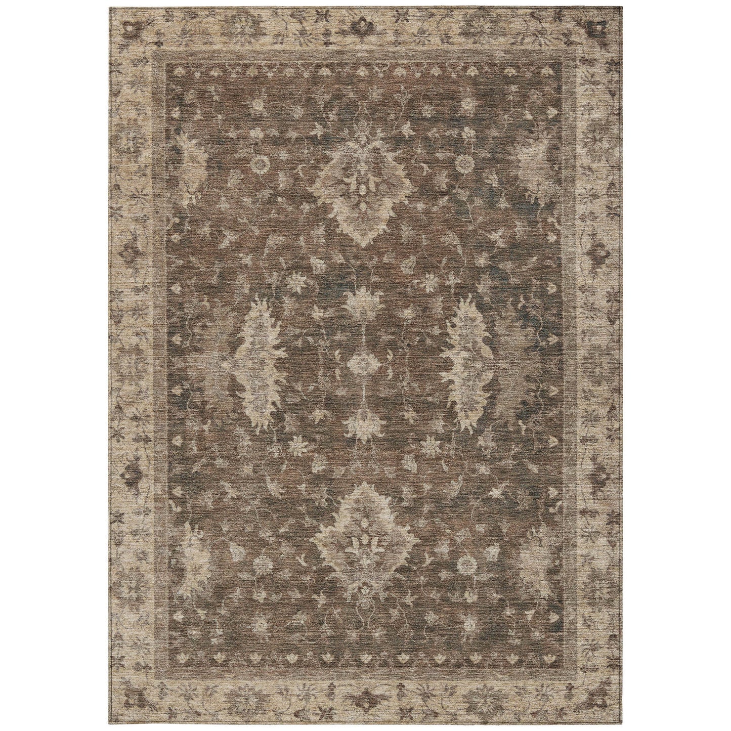 10' X 14' Brown And Beige Floral Washable Indoor Outdoor Area Rug