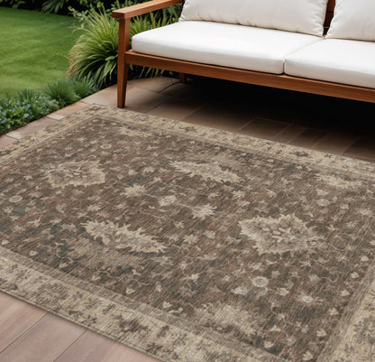 10' X 14' Brown And Beige Floral Washable Indoor Outdoor Area Rug
