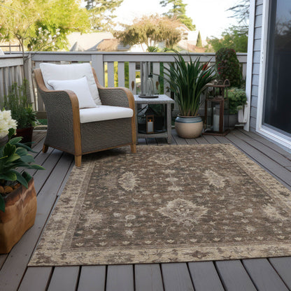 10' X 14' Brown And Beige Floral Washable Indoor Outdoor Area Rug