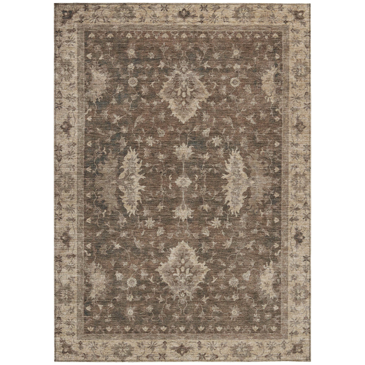 10' X 14' Brown And Beige Floral Washable Indoor Outdoor Area Rug