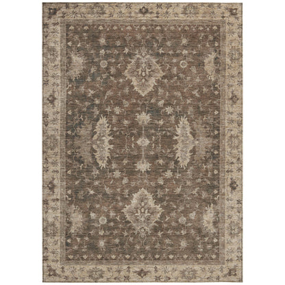 10' X 14' Brown And Beige Floral Washable Indoor Outdoor Area Rug