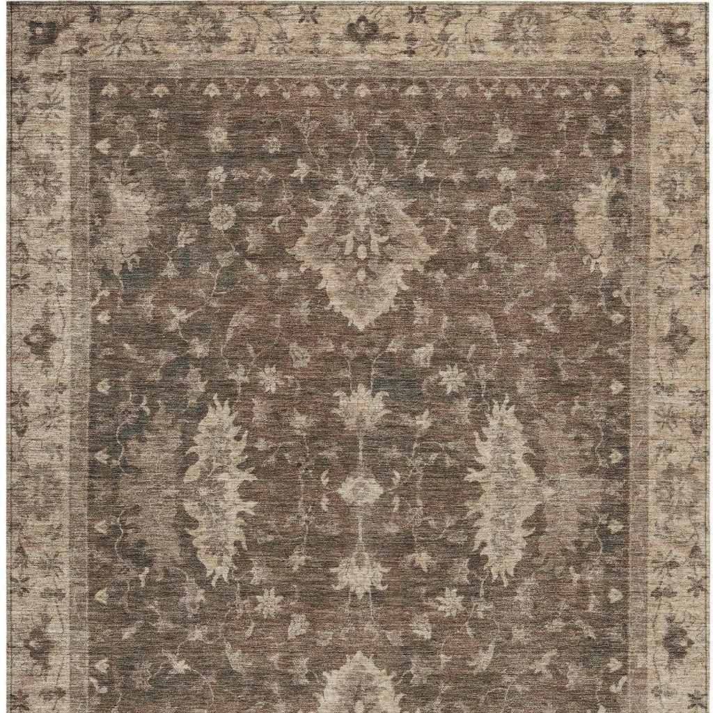 10' X 14' Brown And Beige Floral Washable Indoor Outdoor Area Rug
