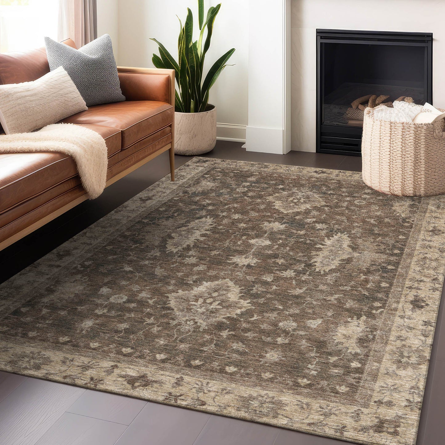 10' X 14' Brown And Beige Floral Washable Indoor Outdoor Area Rug