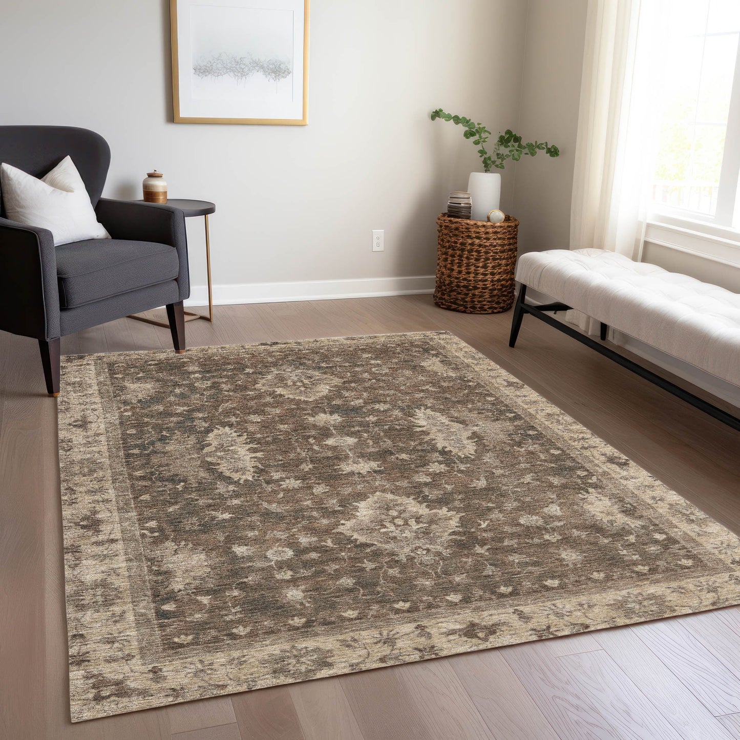 10' X 14' Brown And Beige Floral Washable Indoor Outdoor Area Rug