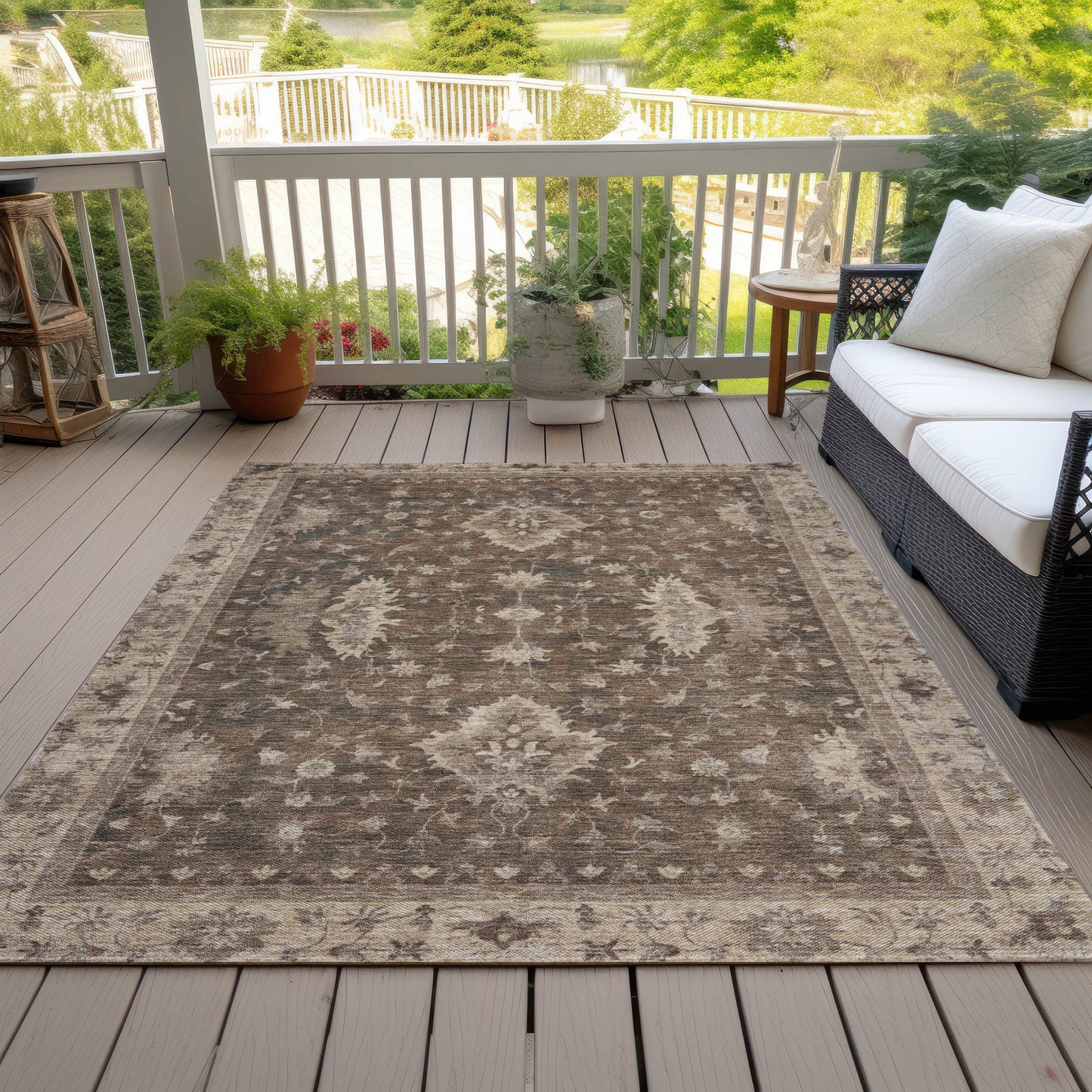 10' X 14' Brown And Beige Floral Washable Indoor Outdoor Area Rug